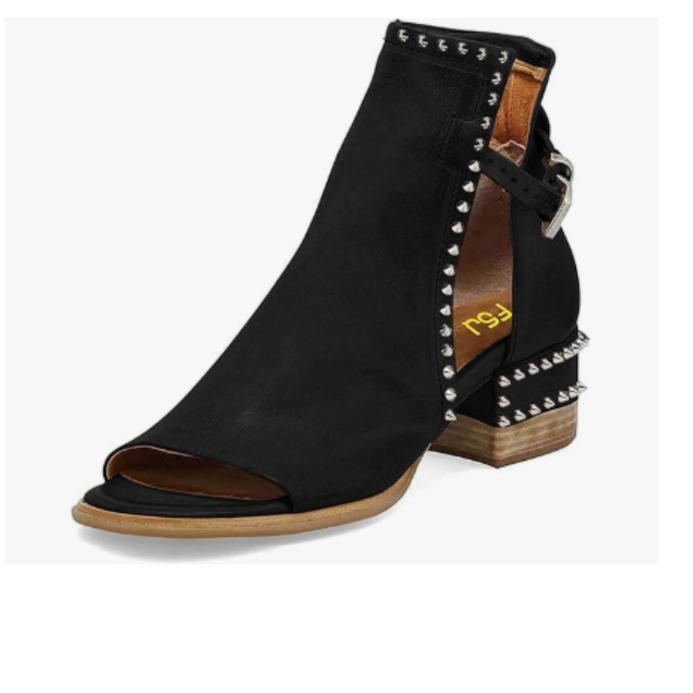 FSJ Black Open-Toe Studded Ankle Booties